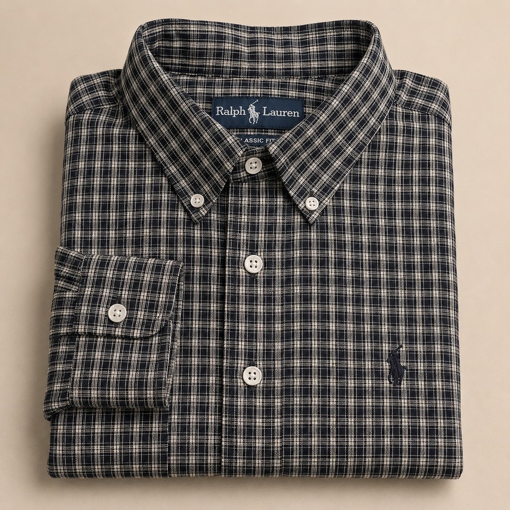 Ralph Lauren Navy Blue Tan Plaid Logo Classic Fit Button Shirt Men's Size XL